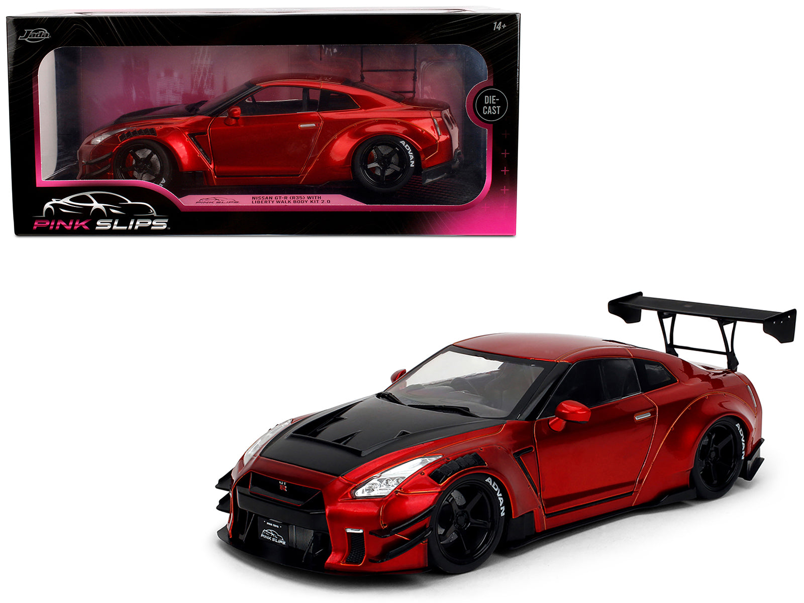 Nissan GT-R (R35) Liberty Walk Body Kit 2.0 RHD (Right Hand Drive) Red Metallic with Carbon Hood "Pink Slips" Series 1/18 Diecast Model Car by Jada free shipping USA