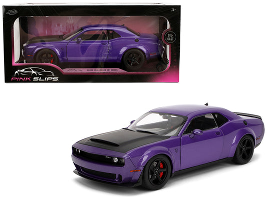 Dodge Challenger SRT Demon Purple Metallic with Matt Black Hood "Pink Slips" Series 1/18 Diecast Model Car by Jada - Use code SHOPAPP15 to get 15 percent off