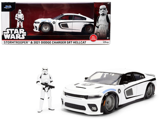 2021 Dodge Charger SRT Hellcat White with Graphics and Stormtrooper Figure "Star Wars" Franchise "Hollywood Rides" Series 1/24 Diecast Model Car by Jada - Use code SHOPAPP15 to get 15 percent off