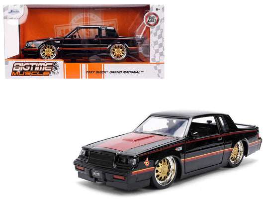 1987 Buick Grand National Black with Matt Red Hood and Stripes "Bigtime Muscle" Series 1/24 Diecast Model Car by Jada - Use code SHOPAPP15 to get 15 percent off
