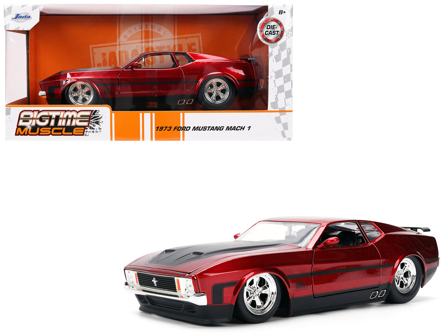 1973 Ford Mustang Mach 1 Red Metallic with Matt Black Hood and Black Stripes "Bigtime Muscle" Series 1/24 Diecast Model Car by Jada - Use code SHOPAPP15 to get 15 percent off