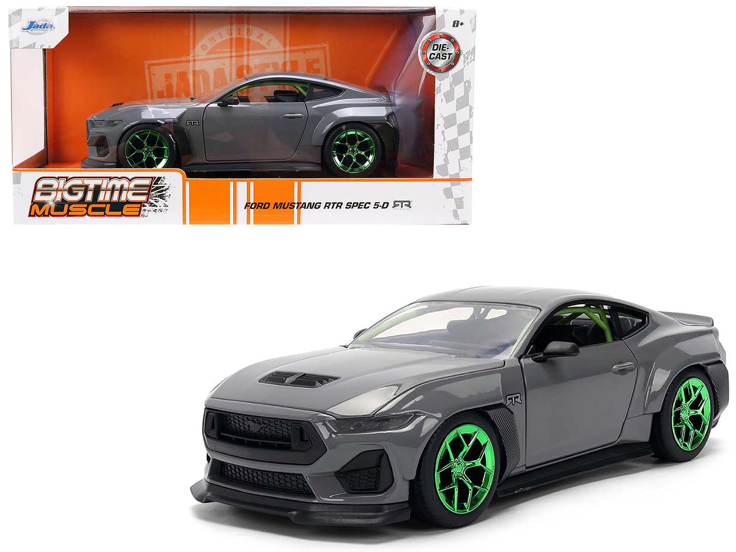 2024 Ford Mustang RTR Gray with Green Wheels "Bigtime Muscle" Series 1/24 Diecast Model Car by Jada