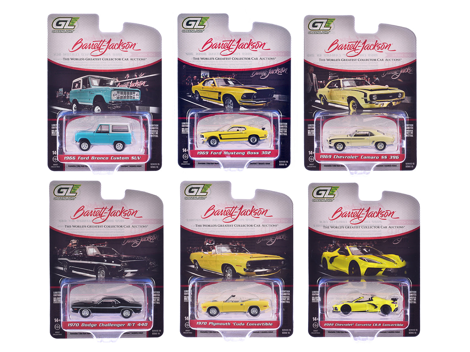"Barrett-Jackson" Series 15 Set of 6 Cars 1/64 Diecast Model Cars by Greenlight free shipping USA