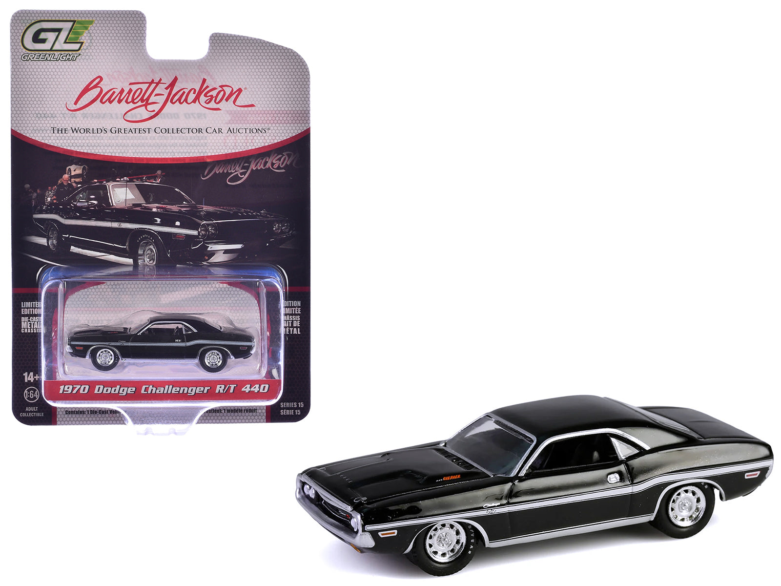1970 Dodge Challenger R/T 440 Black with White Stripes "Barrett-Jackson" Series 15 1/64 Diecast Model Car by Greenlight free shipping USA