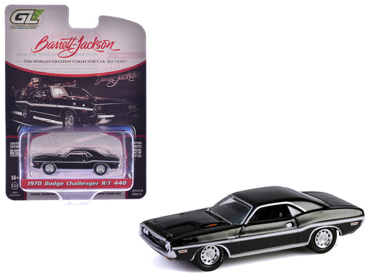 1970 Dodge Challenger R/T 440 Black with White Stripes "Barrett-Jackson" Series 15 1/64 Diecast Model Car by Greenlight