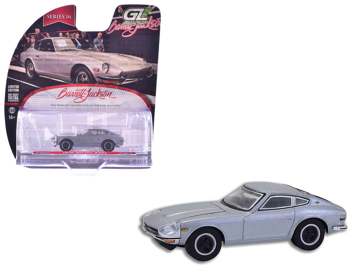 1970 Datsun 240Z Silver Metallic "Barrett-Jackson" Series 16 1/64 Diecast Model Car by Greenlight - Use code SHOPAPP15 to get 15 percent off