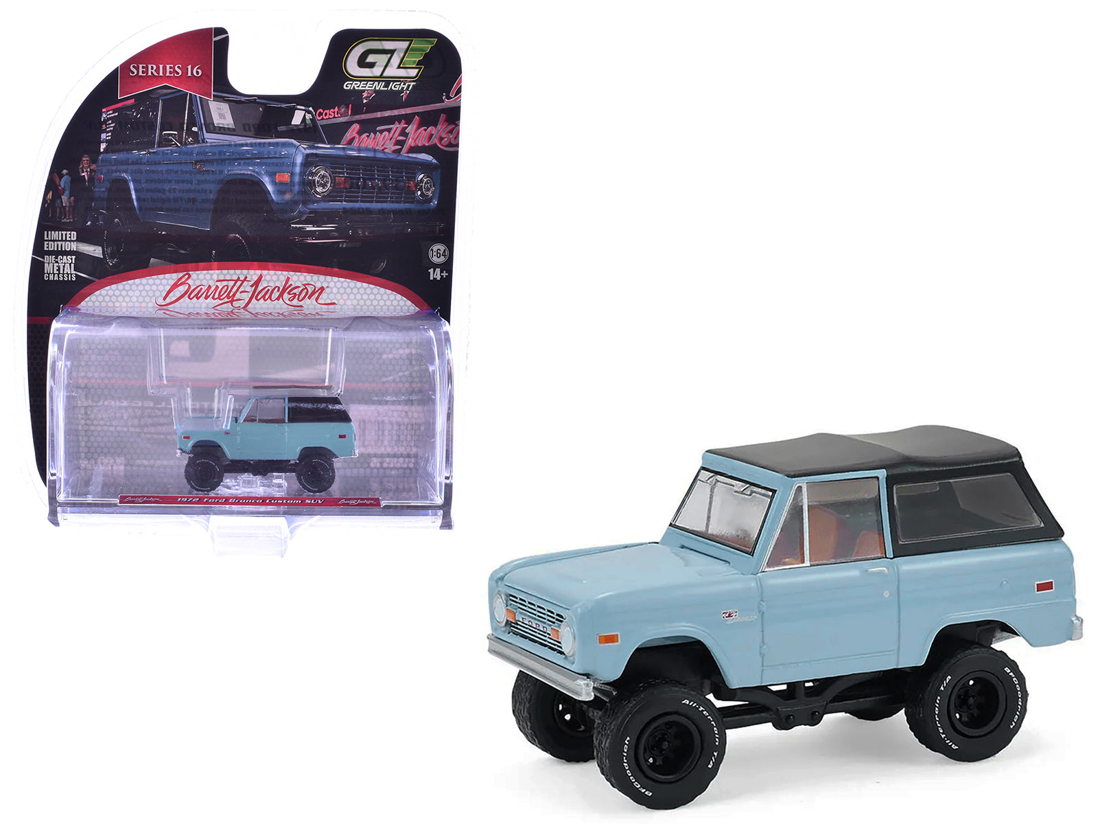1972 Ford Bronco Custom SUV Light Blue with Black Top "Barrett-Jackson" Series 16 1/64 Diecast Model Car by Greenlight free shipping USA