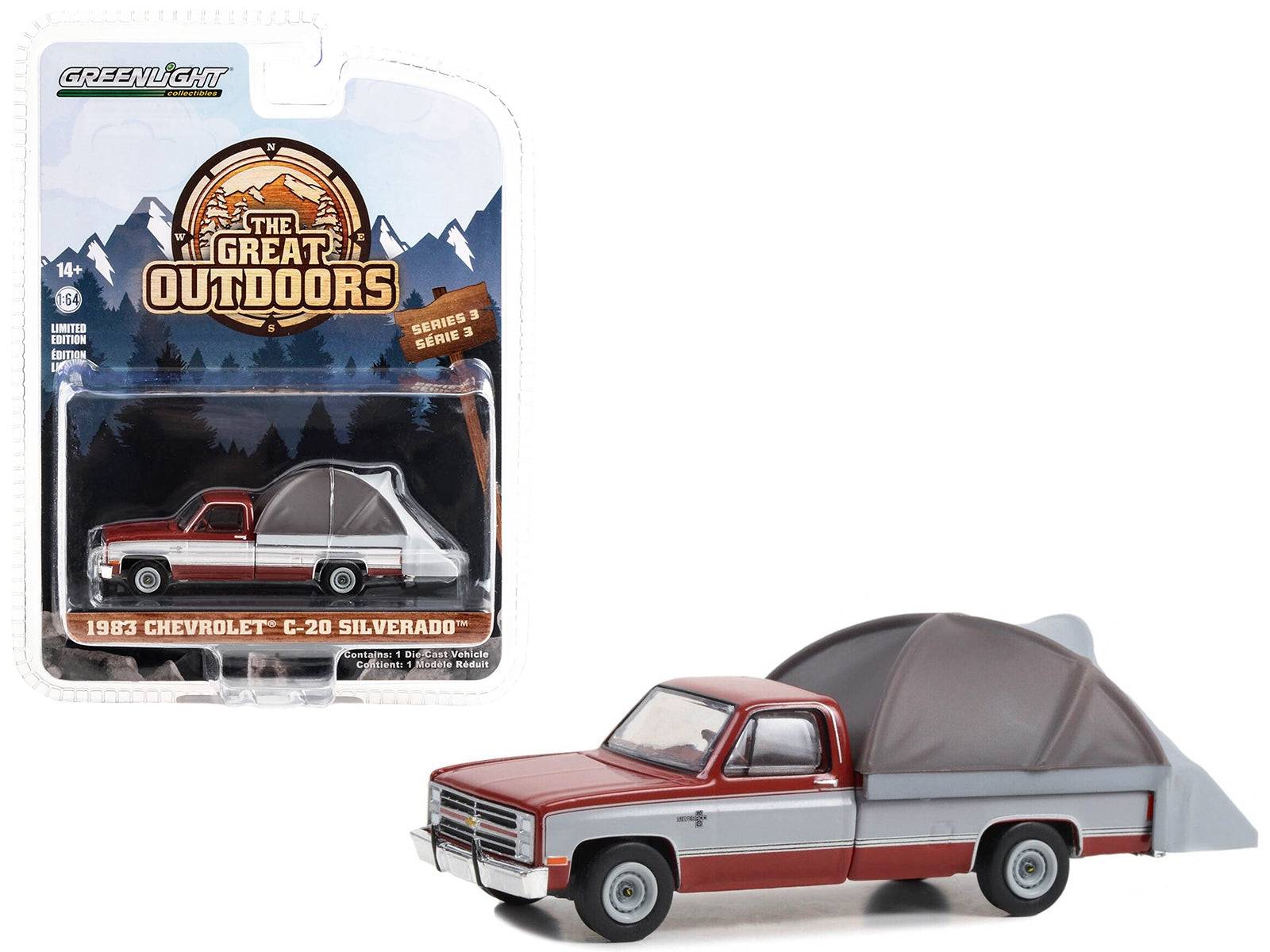 1983 Chevrolet C-20 Silverado Pickup Truck Carmine Red and Silver Metallic with Modern Truck Bed Tent "The Great Outdoors" Series 3 1/64 Diecast Model Car by Greenlight - Premium Pickup Trucks Models from Greenlight - Just $24.25! Shop now at Rapidvehicles