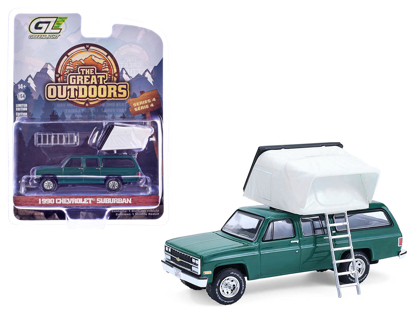 1990 Chevrolet Suburban Green with Modern Rooftop Camper "The Great Outdoors" Series 4 1/64 Diecast Model Car by Greenlight - Use code SHOPAPP15 to get 15 percent off