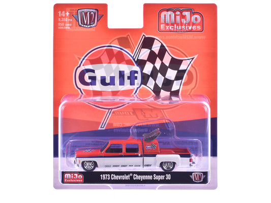 1973 Chevrolet Cheyenne Super 30 Pickup Truck "Gulf Oil" Orange and White with Blue Stripes Limited Edition to 9350 pieces Worldwide 1/64 Diecast Model Car by M2 Machines free shipping USA
