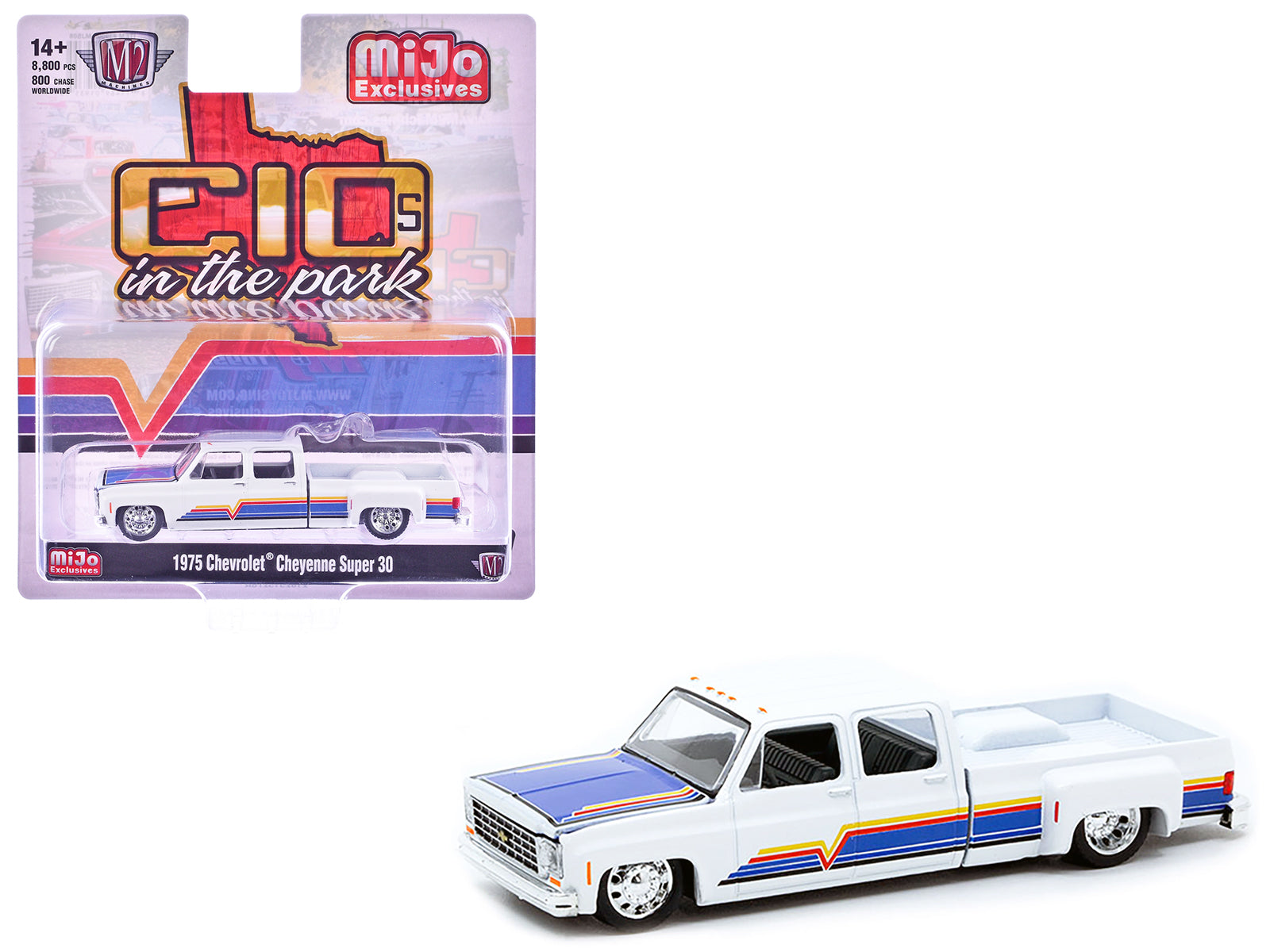 1975 Chevrolet Cheyenne Super 30 Dually Pickup Truck White with Blue Hood and Stripes Limited Edition to 8800 pieces Worldwide 1/64 Diecast Model Car by M2 Machines free shipping USA