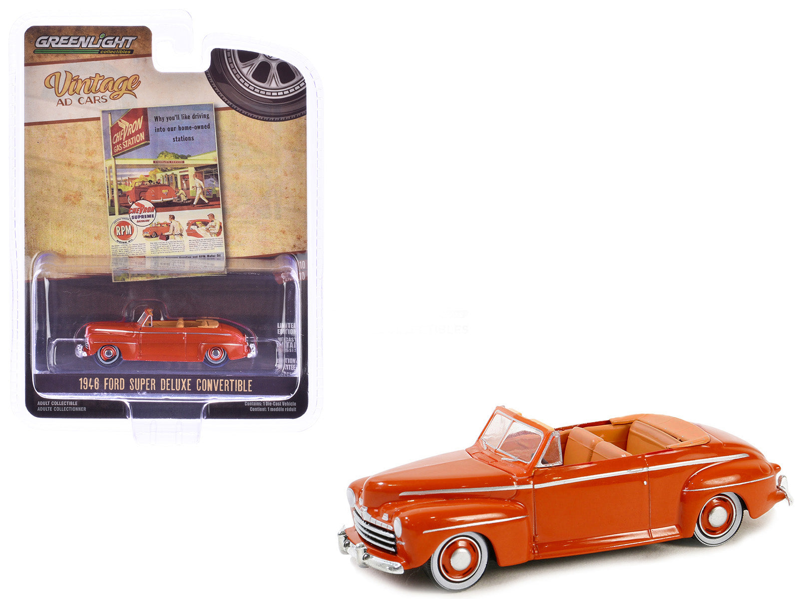 1946 Ford Super Deluxe Convertible Orange "Chevron Supreme" "Vintage Ad Cars" Series 10 1/64 Diecast Model Car by Greenlight free shipping USA
