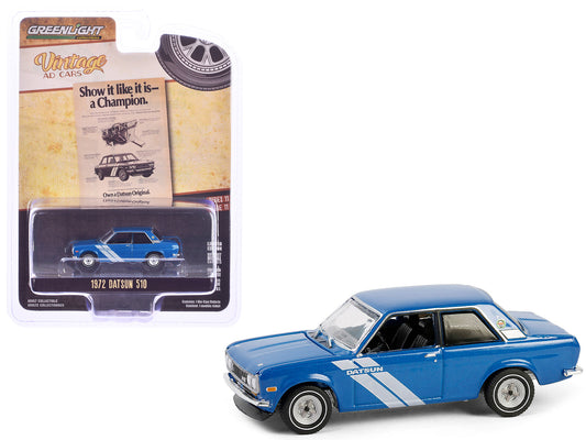 1972 Datsun 510 Blue Metallic with White Stripes "Show it Like it is - a Champion" "Vintage Ad Cars" Series 11 1/64 Diecast Model Car by Greenlight