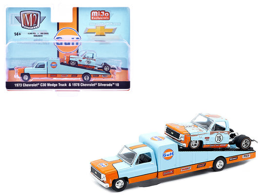 1973 Chevrolet C30 Wedge Truck Light Blue and Orange and 1978 Chevrolet Silverado 10 Bedless Truck #15 Light Blue and Orange (Rusted) "Gulf Oil" Limited Edition to 8000 pieces Worldwide 1/64 Diecast Model by M2 Machines free shipping USA
