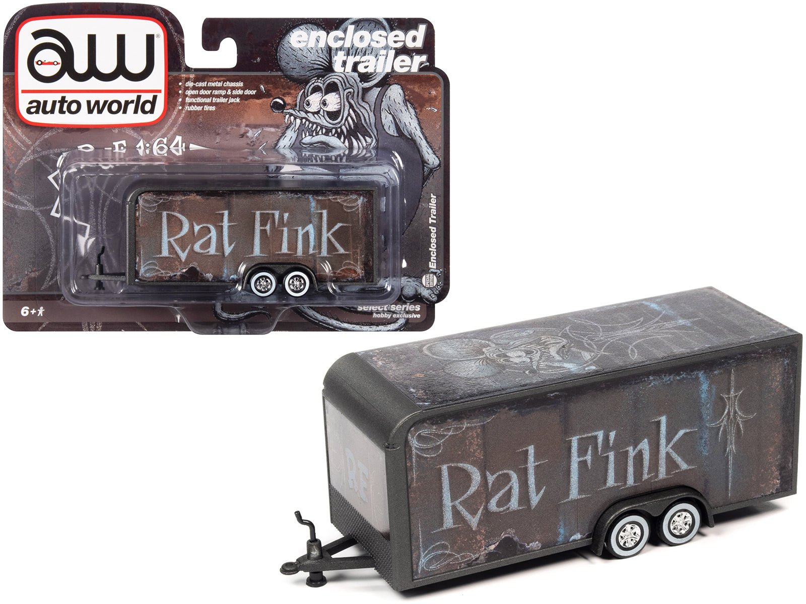 4 - Wheel Enclosed Car Trailer Dark Gray with Graphics "Rat Fink" 1/64 Diecast Model by Auto World free shipping USA - Rapid Vehicles