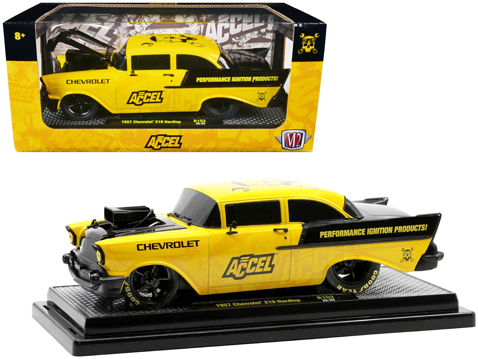 1957 Chevrolet 210 Hardtop Yellow and Black with Graphics "Accel" Limited Edition to 2650 pieces Worldwide 1/24 Diecast Model Car by M2 Machines - Premium Chevrolet Models from M2 - Just $61.06! Shop now at Rapidvehicles