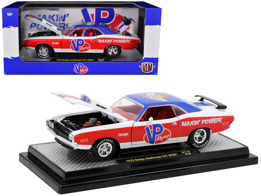 1970 Dodge Challenger R/T Hemi White with Red and Blue Stripes with Red Interior "VP Racing" Limited Edition to 5710 pieces Worldwide 1/24 Diecast Model Car by M2 Machines free shipping USA