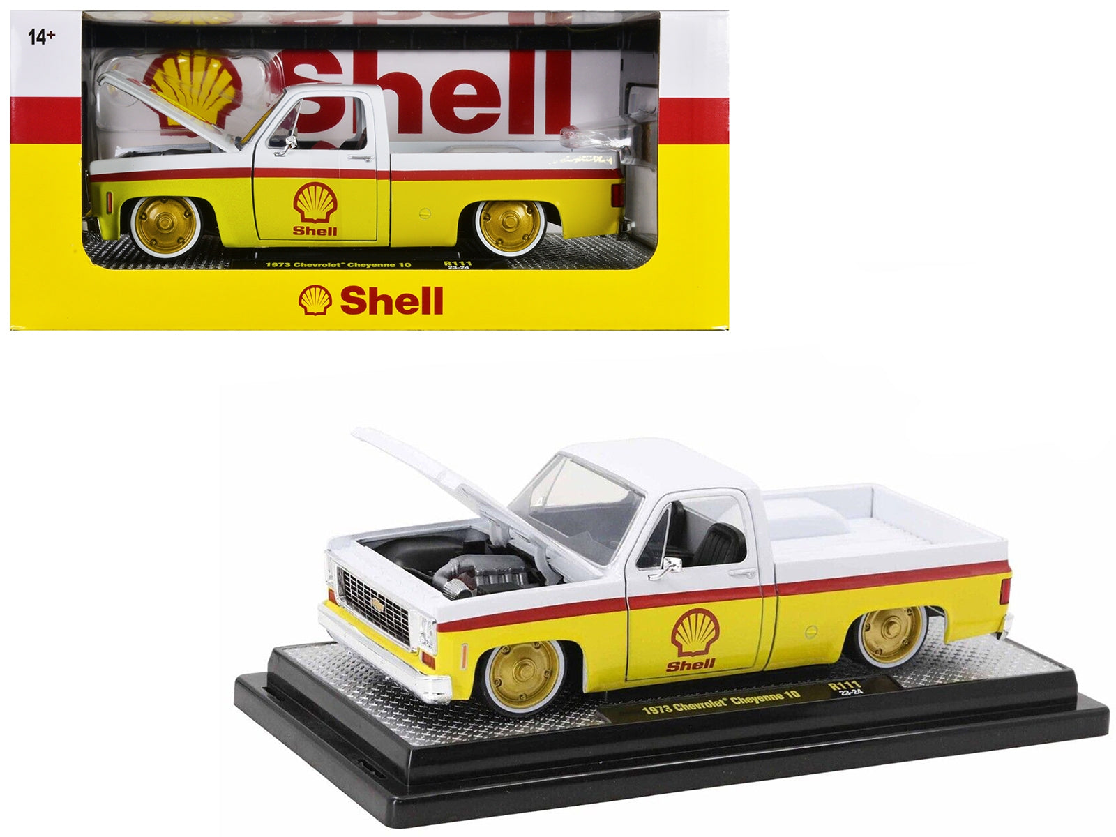 1973 Chevrolet Cheyenne 10 Pickup Truck White and Yellow with Red Stripes "Shell Oil" Limited Edition to 7050 pieces Worldwide 1/24 Diecast Model Car by M2 Machines - Premium Pickup Trucks Models from M2 - Just $61.06! Shop now at Rapidvehicles