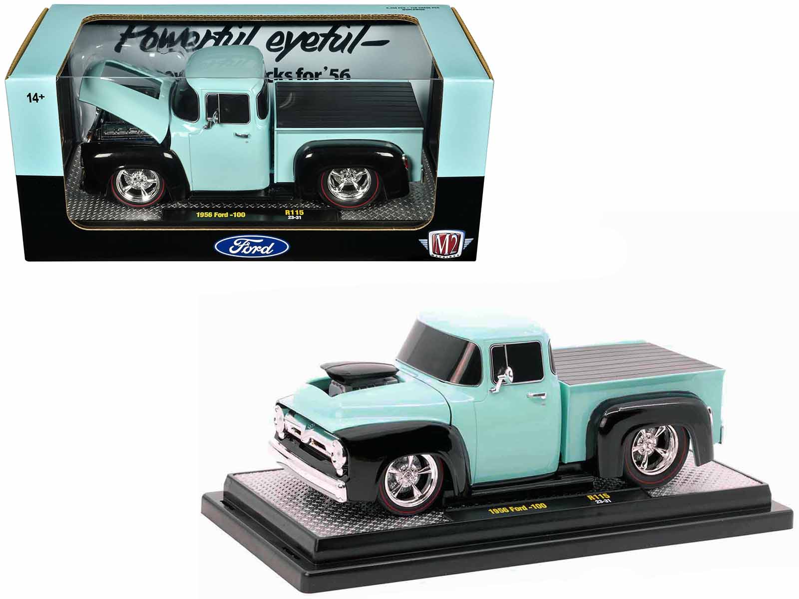 1956 Ford F-100 Pickup Truck Light Blue and Black Limited Edition to 6250 pieces Worldwide 1/24 Diecast Model Car by M2 Machines free shipping USA