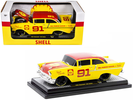 1957 Chevrolet 150 Sedan #91 Yellow with Red Hood and Top "Shell Oil" Limited Edition to 6250 pieces Worldwide 1/24 Diecast Model Car by M2 Machines free shipping USA