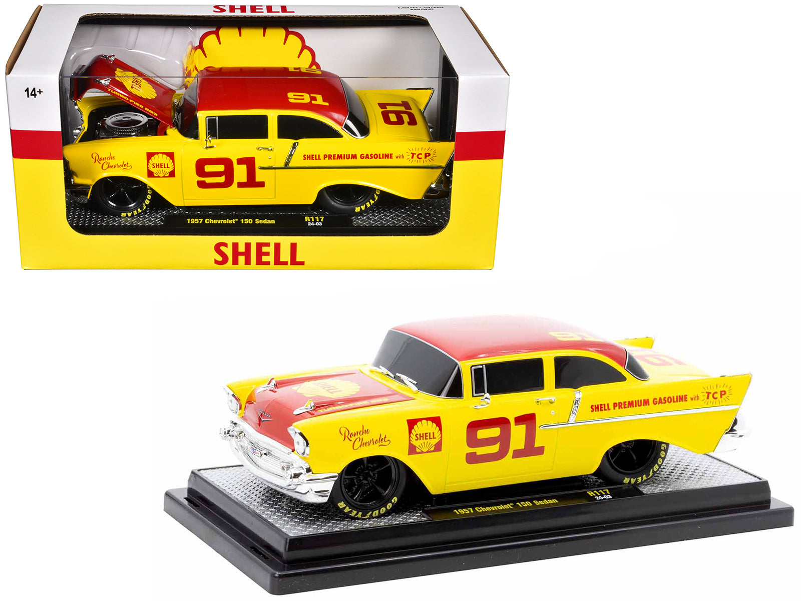 1957 Chevrolet 150 Sedan #91 Yellow with Red Hood and Top "Shell Oil" Limited Edition to 6250 pieces Worldwide 1/24 Diecast Model Car by M2 Machines free shipping USA