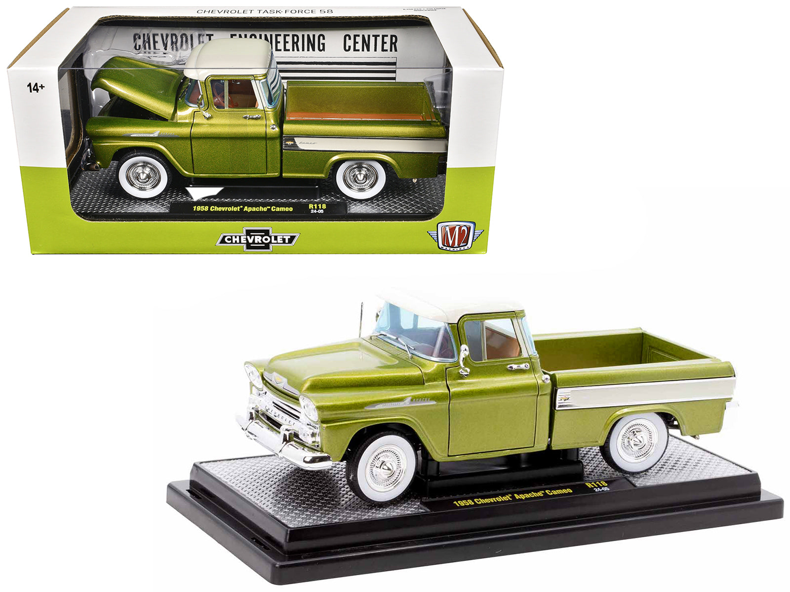1958 Chevrolet Apache Cameo Pickup Truck Olive Green Metallic with Wimbledon White Top Limited Edition to 6250 pieces Worldwide 1/24 Diecast Model Car by M2 Machines free shipping USA