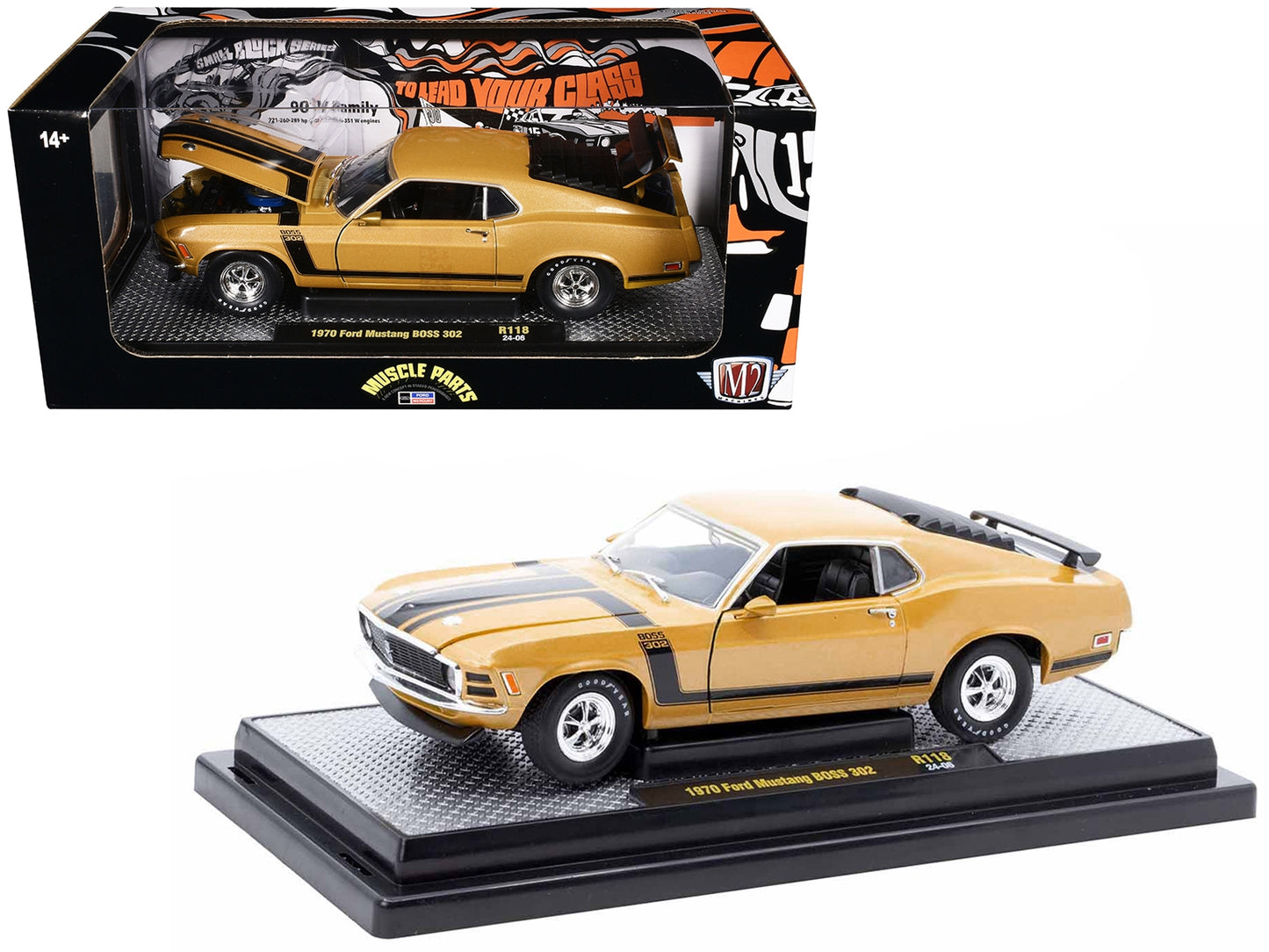 1970 Ford Mustang BOSS 302 Gold Metallic with Black Stripes - Premium Ford Models from M2 - Just $59.39! Shop now at Rapidvehicles