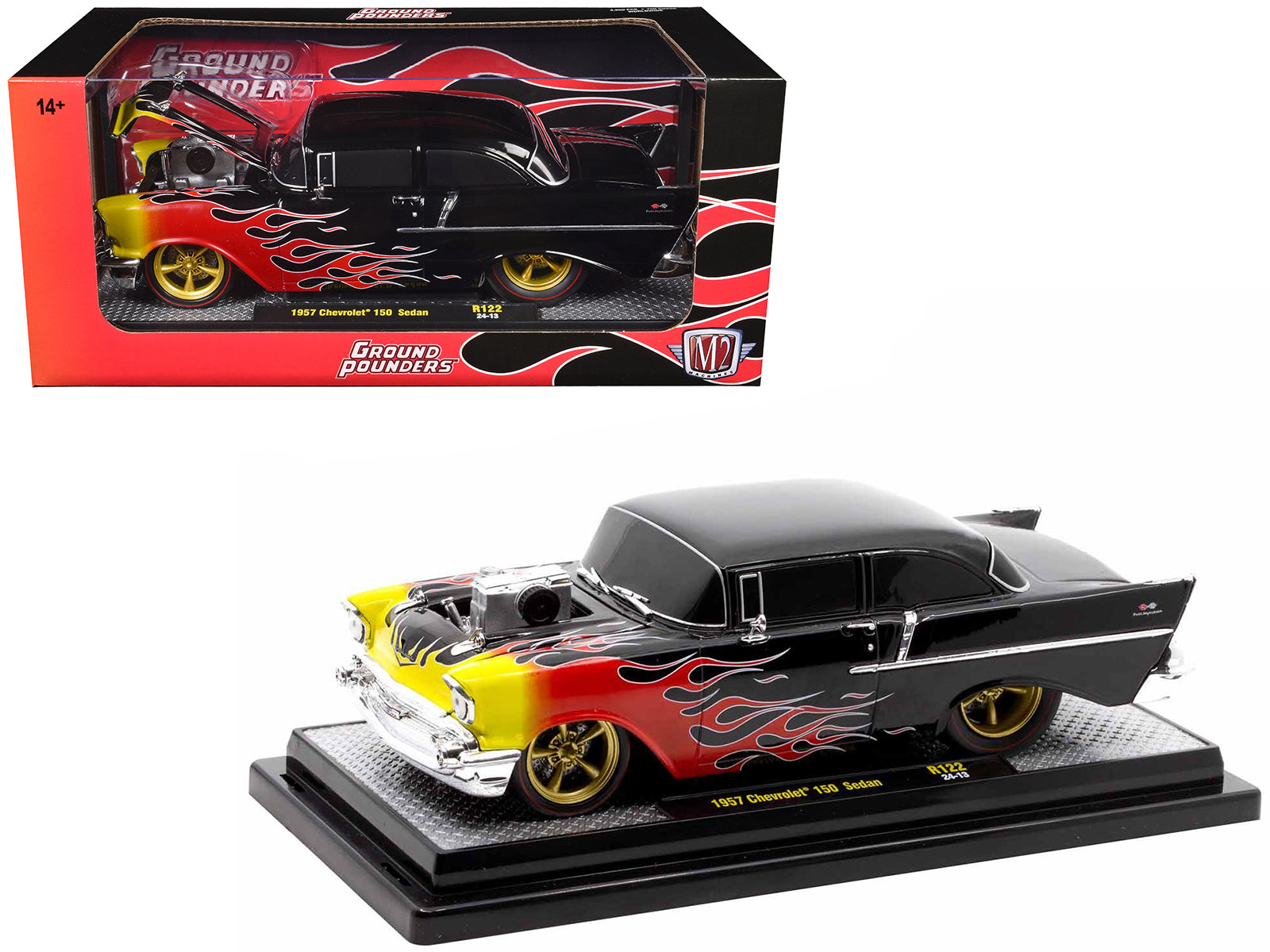 1957 Chevrolet 150 Sedan Black with Flames Graphics Limited Edition to 4250 pieces Worldwide 1/24 Diecast Model Car by M2 Machines free shipping USA