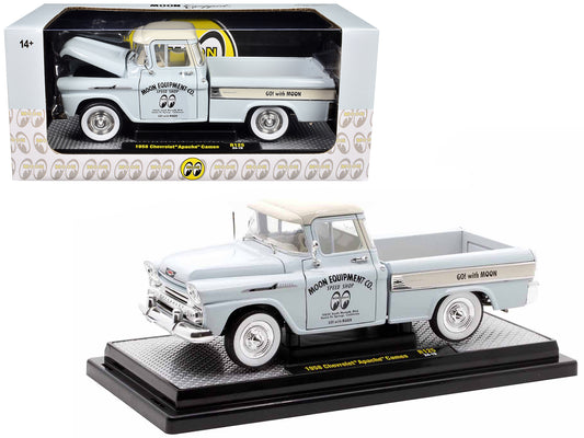 1958 Chevrolet Apache Cameo Pickup Truck "Mooneyes" Light Gray with White Top Limited Edition to 6650 pieces Worldwide 1/24 Diecast Model Car by M2 Machines free shipping USA