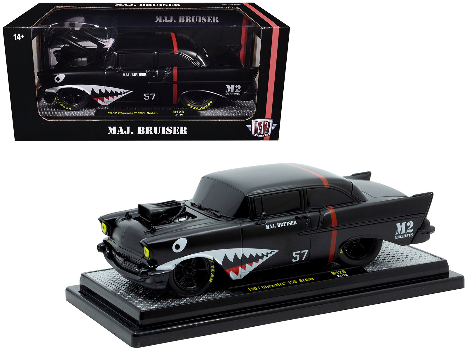 1957 Chevrolet 150 Sedan "Maj. Bruiser" Matt Black with Red Stripe and Shark Mouth Graphics Limited Edition to 6650 pieces Worldwide 1/24 Diecast Model Car by M2 Machines free shipping USA