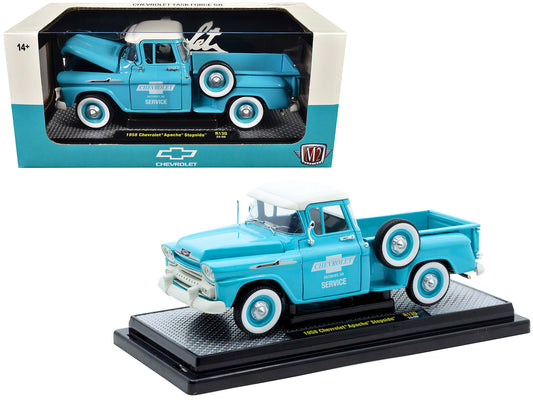 1958 Chevrolet Apache Stepside Pickup Truck "Chevrolet Service" Light Blue with White Top Limited Edition to 6650 pieces Worldwide 1/24 Diecast Model Car by M2 Machines free shipping USA