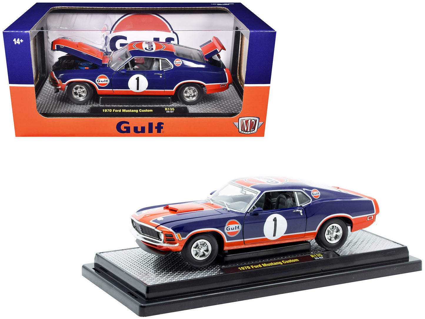 1970 Ford Mustang Custom #1 "Gulf Oil" Dark Blue with Orange Graphics Limited Edition to 7850 pieces Worldwide 1/24 Diecast Model Car by M2 Machines