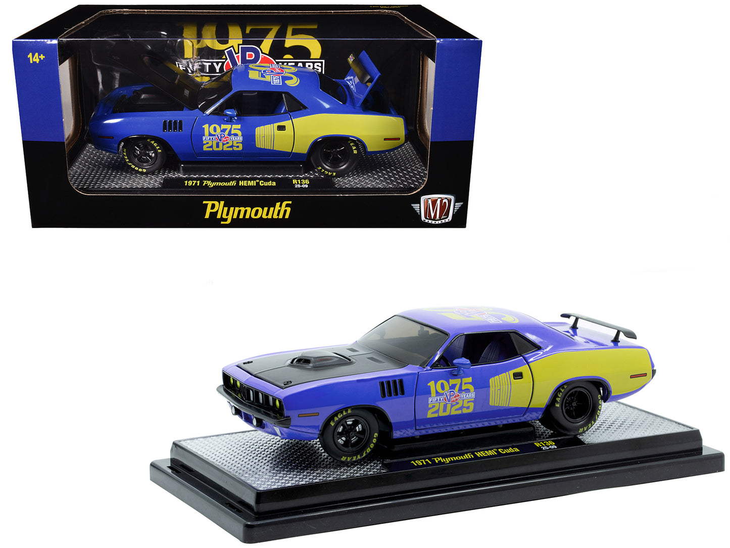 1971 Plymouth Hemi Cuda "VP Racing 50 Years" Blue with Yellow Sides Limited Edition to 8650 pieces Worldwide 1/24 Diecast Model Car by M2 Machines - Use code SHOPAPP15 to get 15 percent off