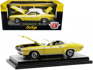 1971 Dodge Challenger R/T 383 Banana Yellow with White Stripes and Vinyl White Top Limited Edition to 6550 pieces Worldwide 1/24 Diecast Model Car by M2 Machines - Premium Dodge Models from M2 - Just $52.99! Shop now at Rapidvehicles