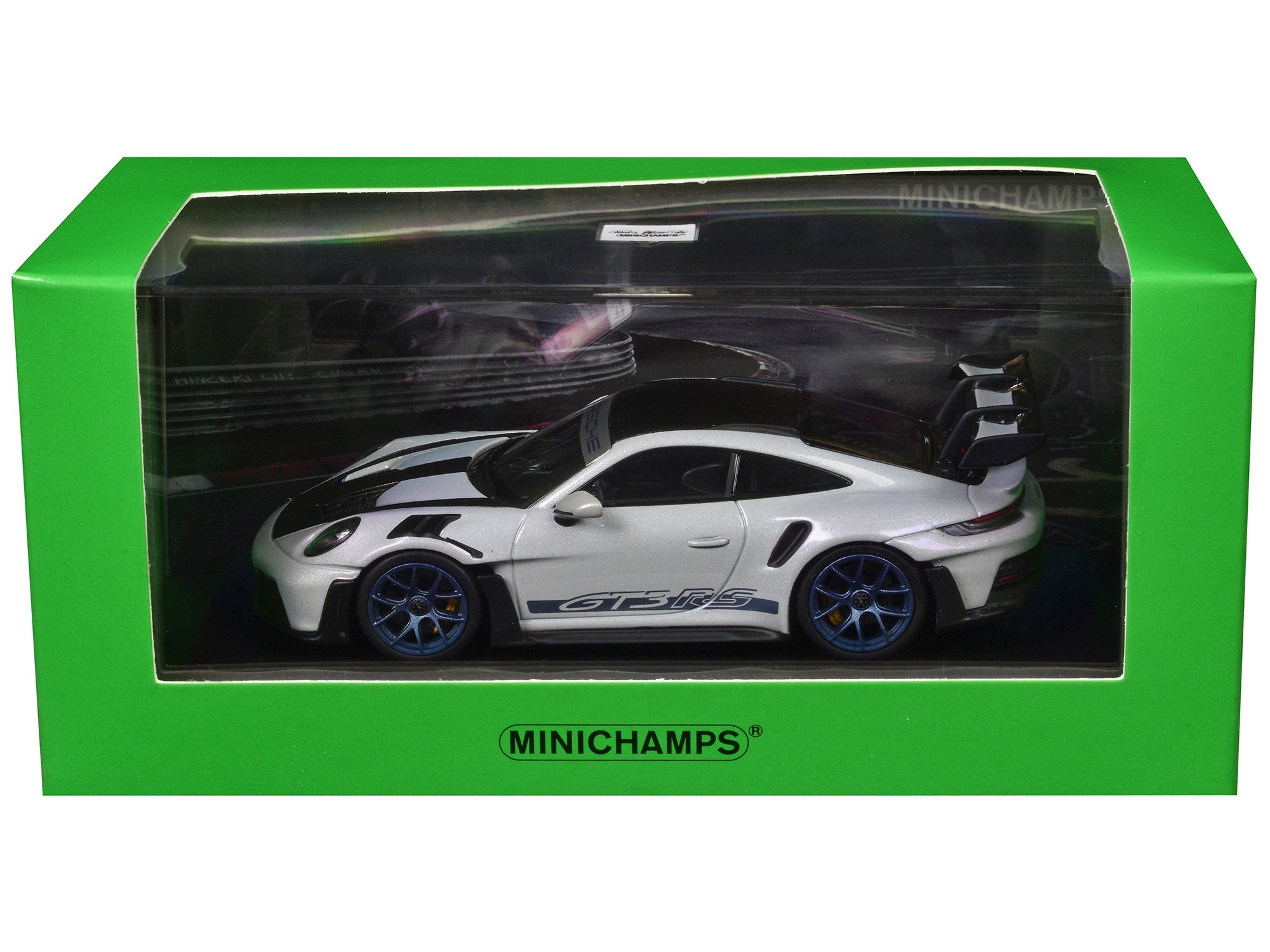 2023 Porsche 911 (992) GT3 RS "Weissach Package" Gray Metallic with Blue Accents and Carbon Stripes and Top "Nurnburgring" Limited Edition to 649 pieces Worldwide 1/43 Diecast Model Car by Minichamps - Premium Porsche Models from Minichamps - Just $88.40! Shop now at Rapidvehicles