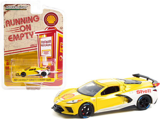 2021 Chevrolet Corvette C8 Stingray Coupe "Shell Oil" Yellow and White "Running on Empty" Series 13 1/64 Diecast Model Car by Greenlight free shipping USA