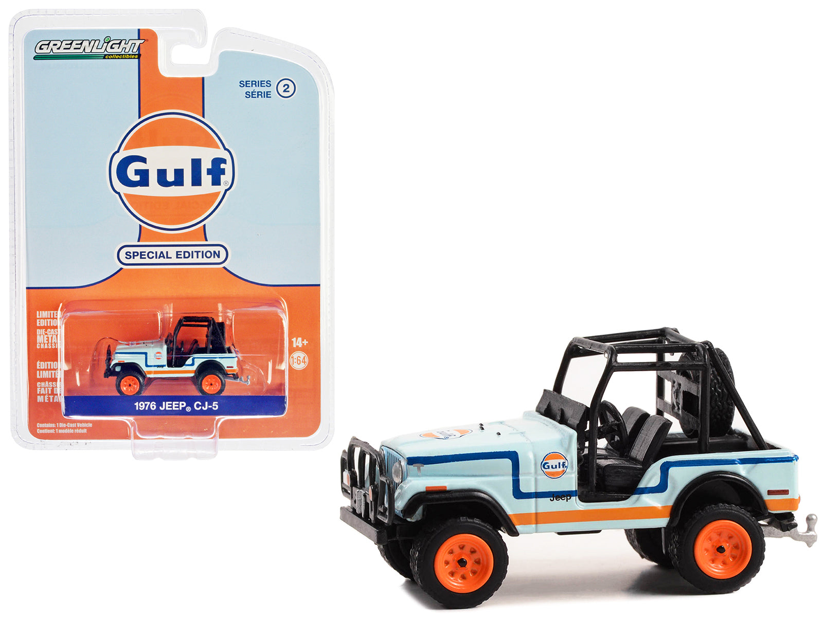 1976 Jeep CJ-5 Light Blue with Blue and Orange Stripes "Gulf Oil Special Edition" Series 2 1/64 Diecast Model Car by Greenlight free shipping USA