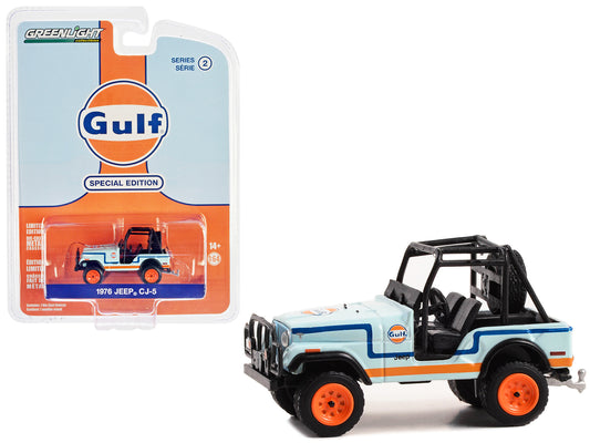 1976 Jeep CJ-5 Light Blue with Blue and Orange Stripes "Gulf Oil Special Edition" Series 2 1/64 Diecast Model Car by Greenlight free shipping USA