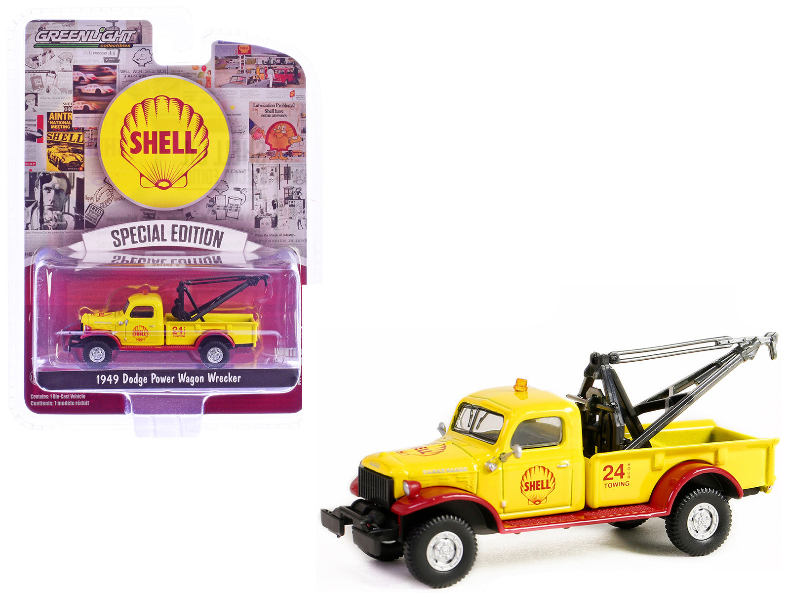1949 Dodge Power Wagon Wrecker Tow Truck "Shell Oil" Yellow and Red "Shell Oil Special Edition" Series 2 1/64 Diecast Model Car by Greenlight free shipping USA