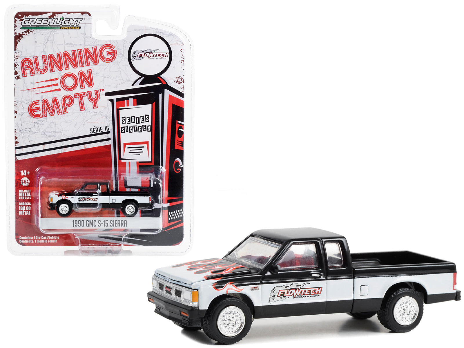 1990 GMC S-15 Sierra Pickup Truck Black and White with Flames "Flowtech Exhaust" "Running on Empty" Series 16 1/64 Diecast Model Car by Greenlight free shipping USA
