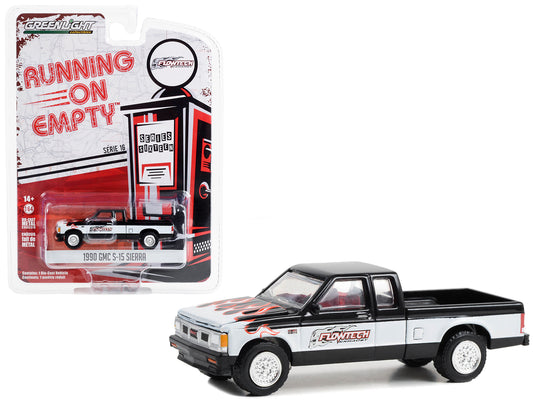 1990 GMC S-15 Sierra Pickup Truck Black and White with Flames "Flowtech Exhaust" "Running on Empty" Series 16 1/64 Diecast Model Car by Greenlight free shipping USA