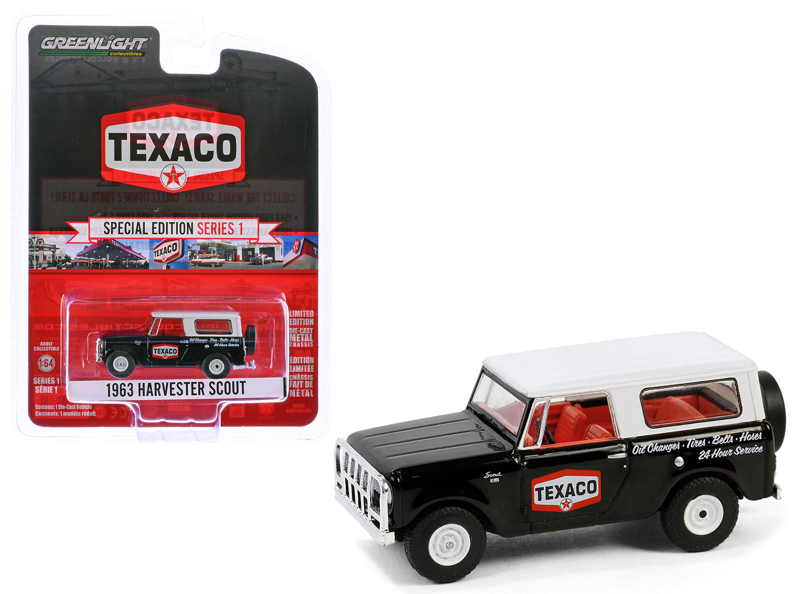 1963 Harvester Scout "Texaco" Black with White Top and Red Interior "Texaco Special Edition" Series 1 1/64 Diecast Model Car by Greenlight free shipping USA
