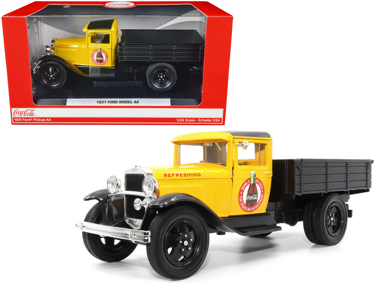 1931 Ford Model AA Pickup Truck Yellow and Black "Drink it Ice Cold for Sparkling Refreshment - Coca-Cola" 1/24 Diecast Model Car by Motor City Classics free shipping USA