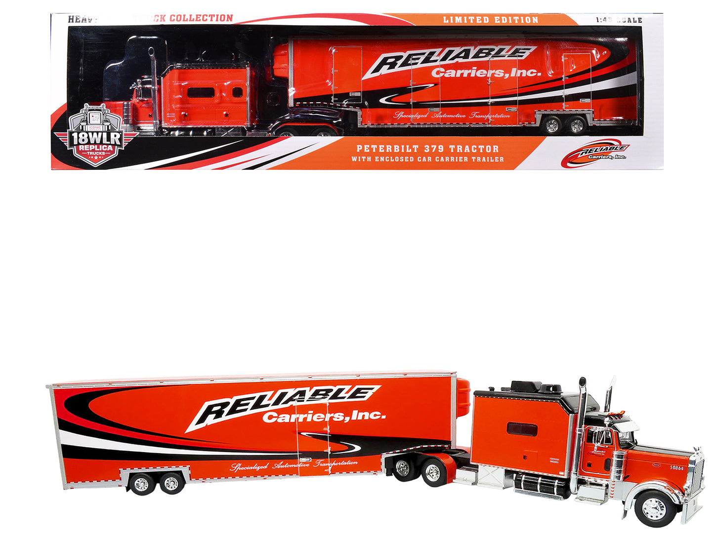 Peterbilt 379 Tractor with Enclosed Car Carrier Trailer "Reliable Carriers" Orange and Black "Heavy Haul Truck Collection" 1/43 Diecast Model by Iconic Replicas