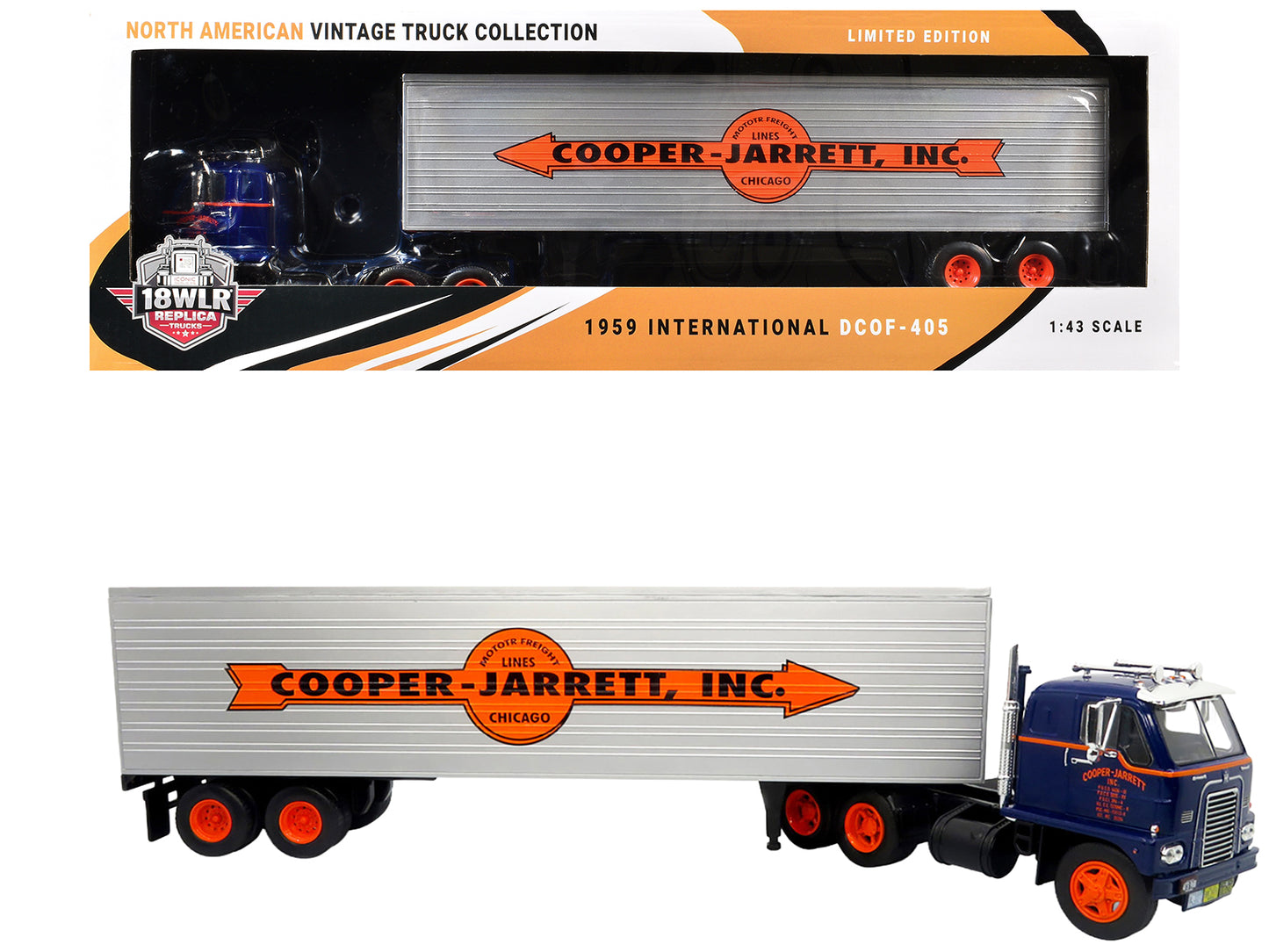 1959 International DCOF-405 Truck with Box Trailer "Cooper Jarrett Inc." Dark Blue with Orange Stripes "North American Vintage Truck Collection" 1/43 Diecast Model by Iconic Replicas