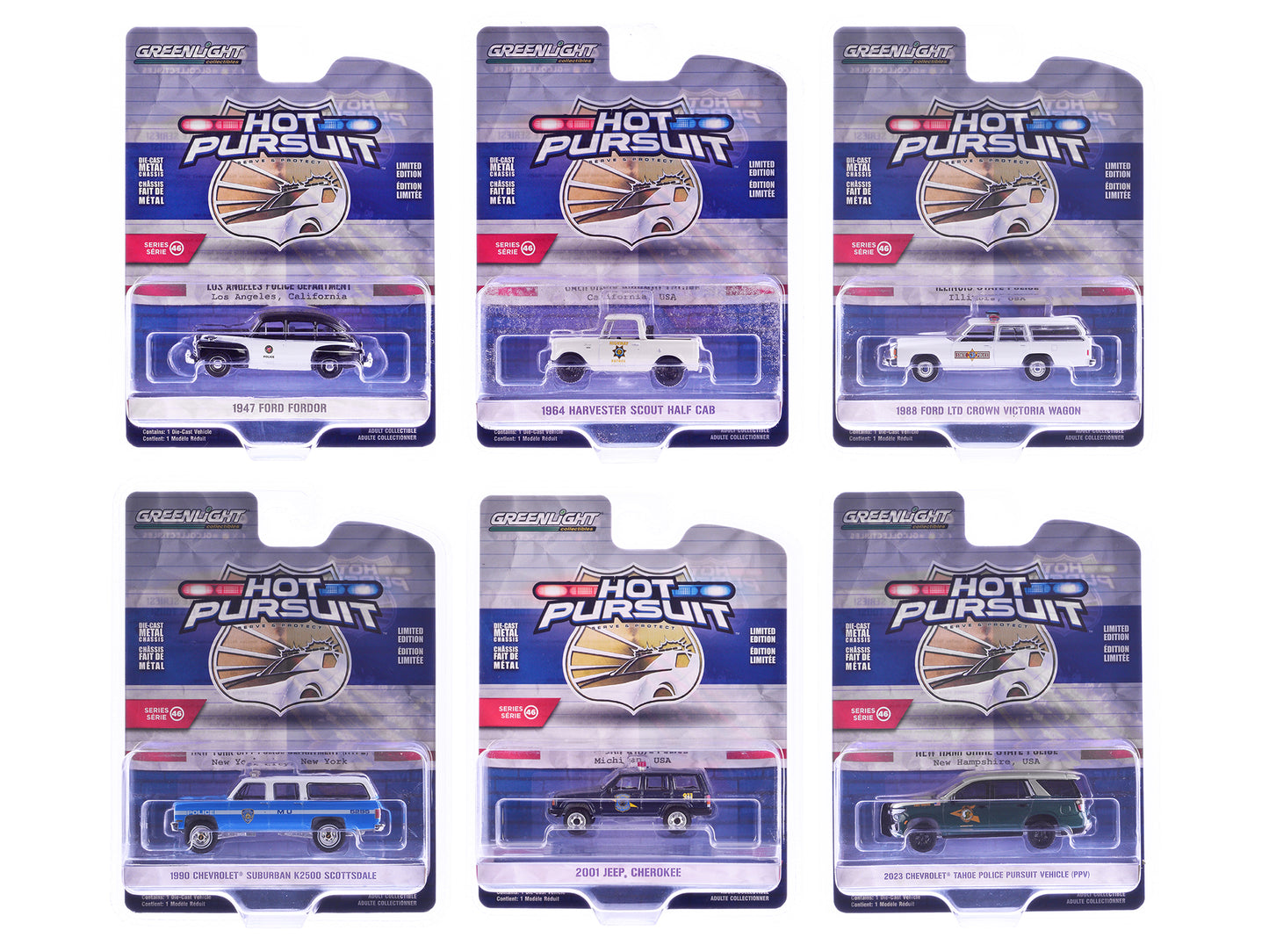"Hot Pursuit" Series 46 Set of 6 Police Cars 1/64 Diecast Model Cars by Greenlight - Use code SHOPAPP15 to get 15 percent off