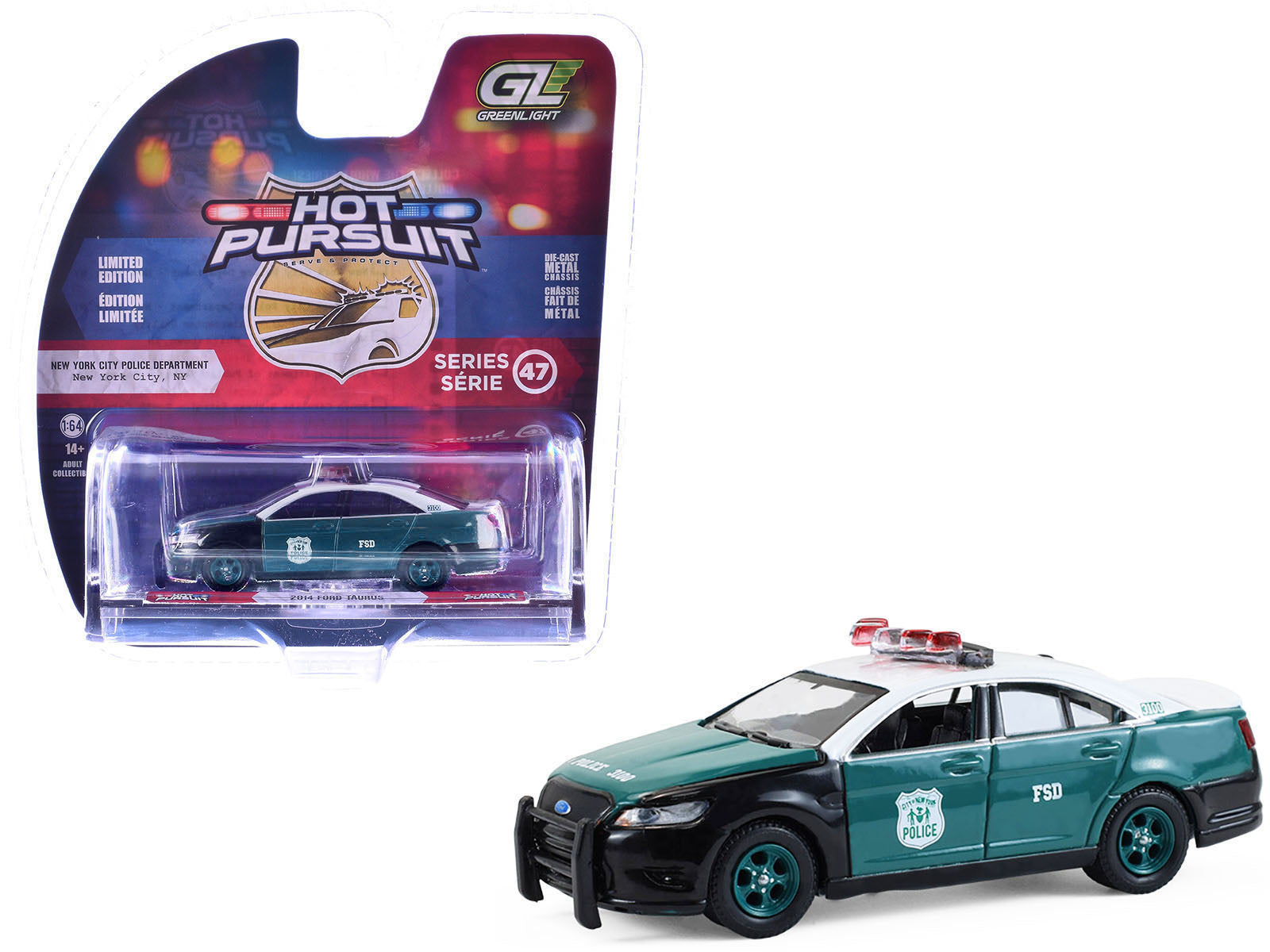 2014 Ford Taurus "New York Police Department (NYPD) Vintage Tribute Livery" Green and Black with White Top "Hot Pursuit" Series 47 1/64 Diecast Model Car by Greenlight free shipping USA
