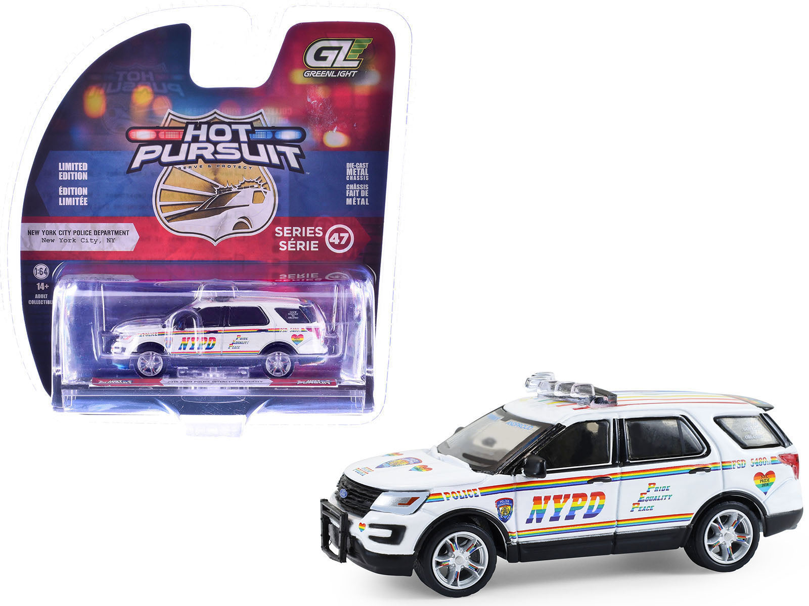 2016 Ford Police Interceptor Utility "New York Police Department (NYPD) Pride Livery" White with Rainbow Stripes "Hot Pursuit" Series 47 1/64 Diecast Model Car by Greenlight free shipping USA
