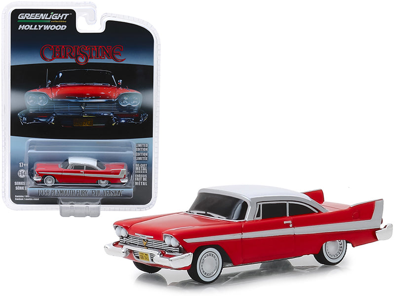 1958 Plymouth Fury Red with White Top "Evil Version" (Blacked Out Windows) "Christine" (1983) Movie "Hollywood Series" Release 24 1/64 Diecast Model Car by Greenlight - Use code SHOPAPP15 to get 15 percent off