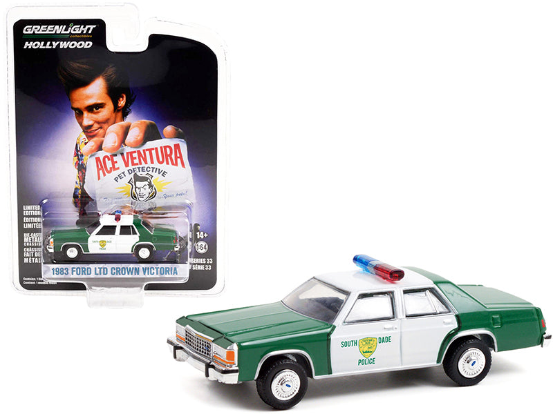 1983 Ford LTD Crown Victoria Green and White "Miami-Dade Police Department" "Ace Ventura: Pet Detective" (1994) Movie "Hollywood Series" Release 33 1/64 Diecast Model Car by Greenlight free shipping USA
